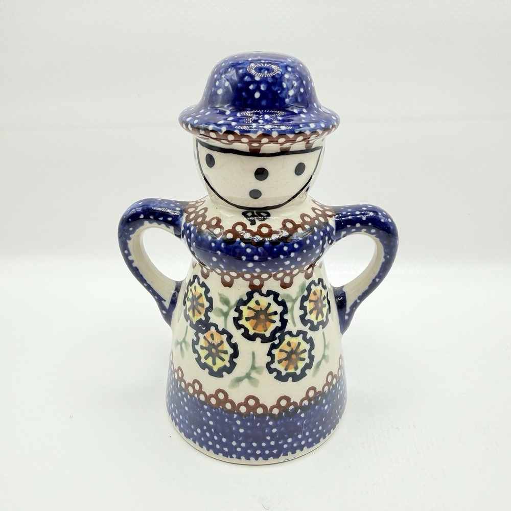 Blue & White Polish Pottery Boleslawiec Folk Art Mrs Salt Shaker Figurine